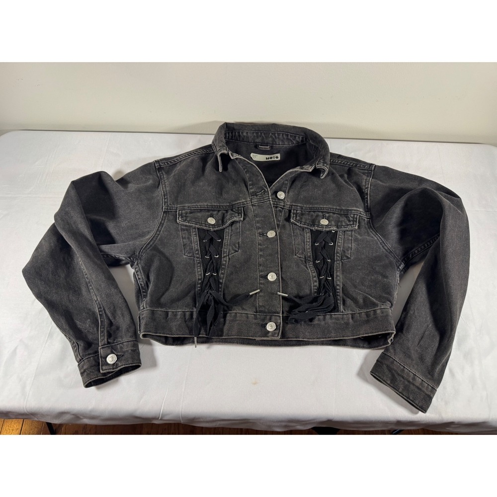 Topshop Moto Black Lace Up Cropped Denim Jacket Washed Trucker Corset Detail